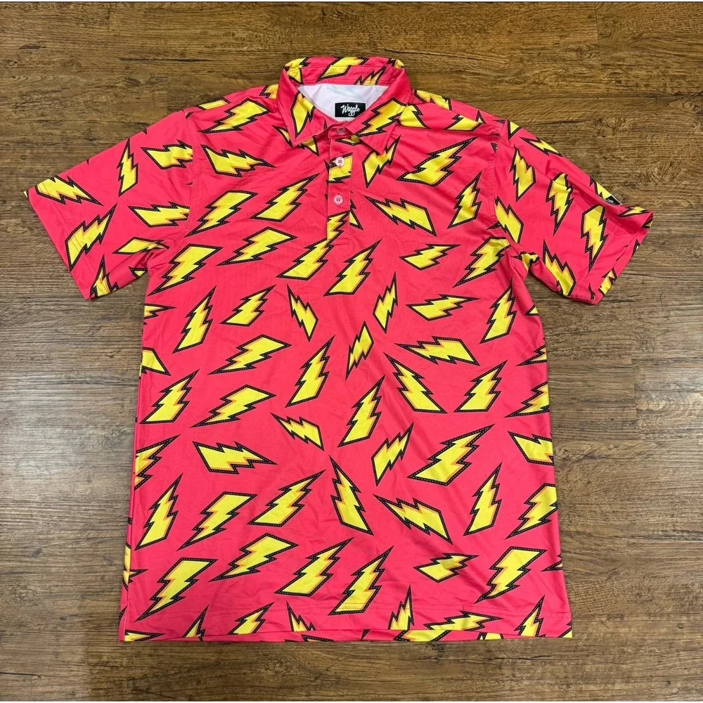 Waggle Red Thunder Lightning Bolts Stretch Performance Golf Polo Shirt Men's M - Picture 2 of 6